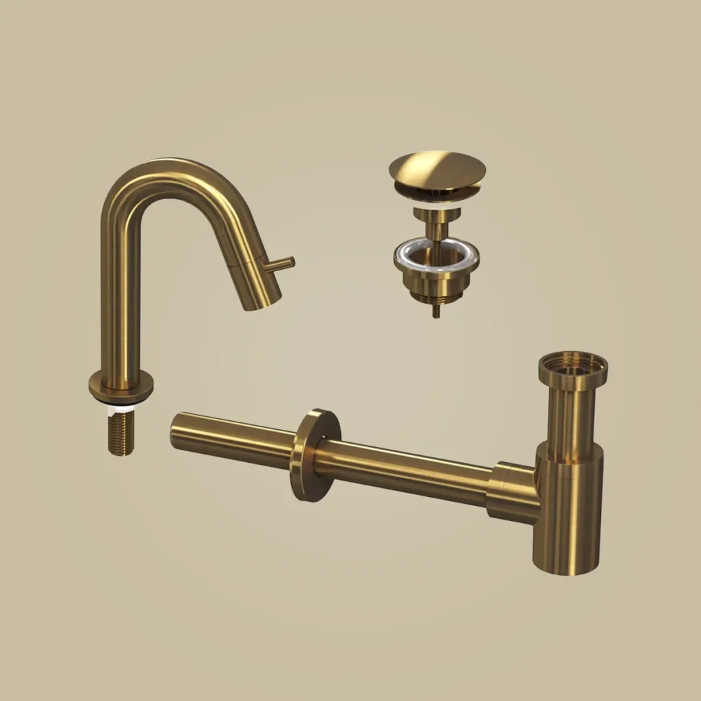 Ink Kranen Combiset 4A fonteinkraan staand gebogen laag met always open plug en sifon - geborsteld mat goud