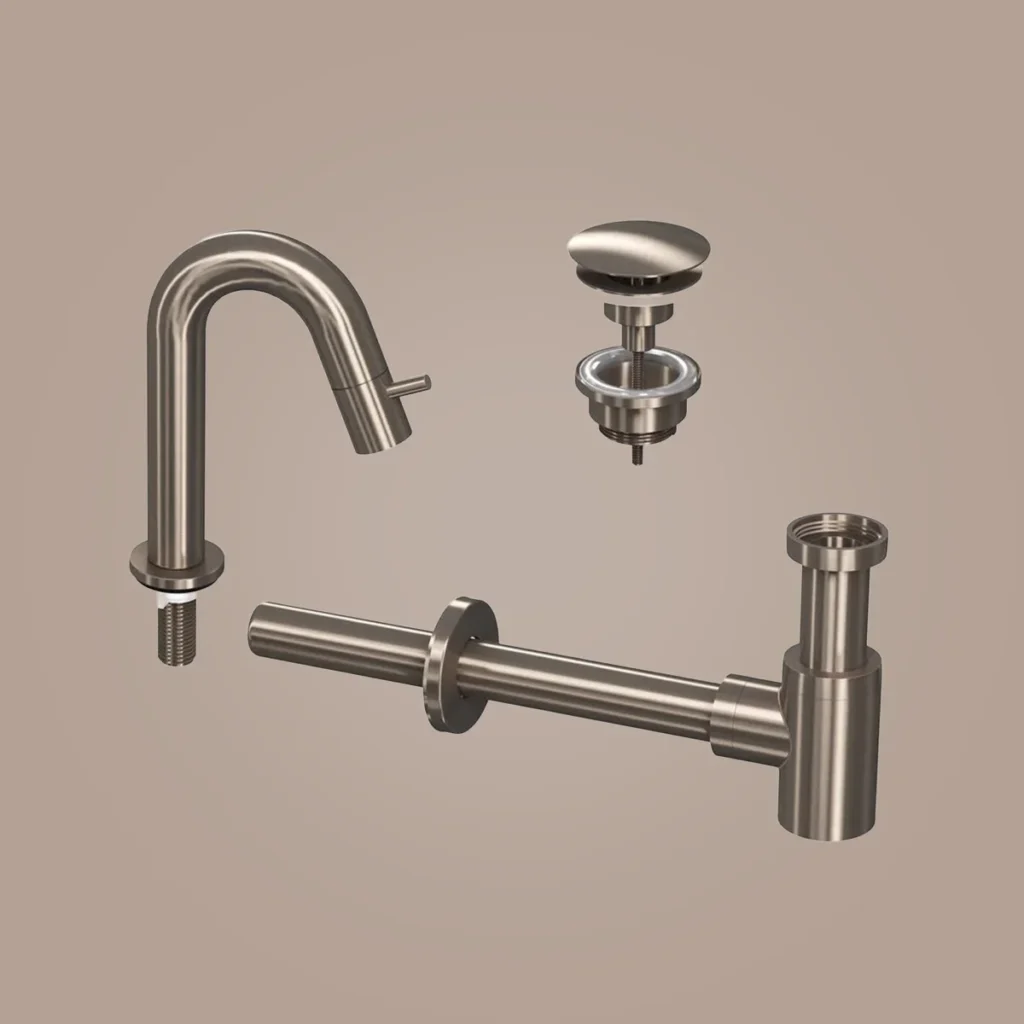 Ink Kranen Combiset 4A fonteinkraan staand gebogen laag met always open plug en sifon - geborsteld nikkel