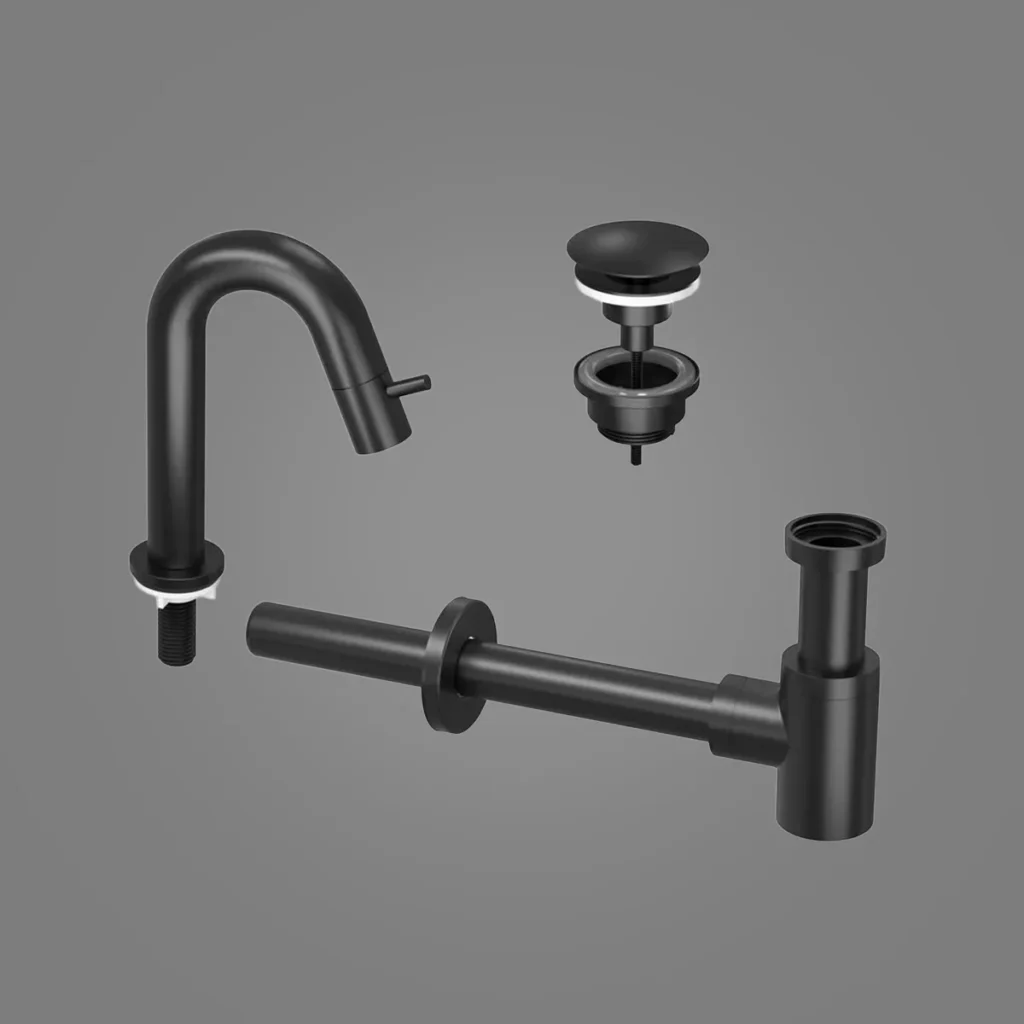 Ink Kranen Combiset 4A fonteinkraan staand gebogen laag met always open plug en sifon - mat zwart