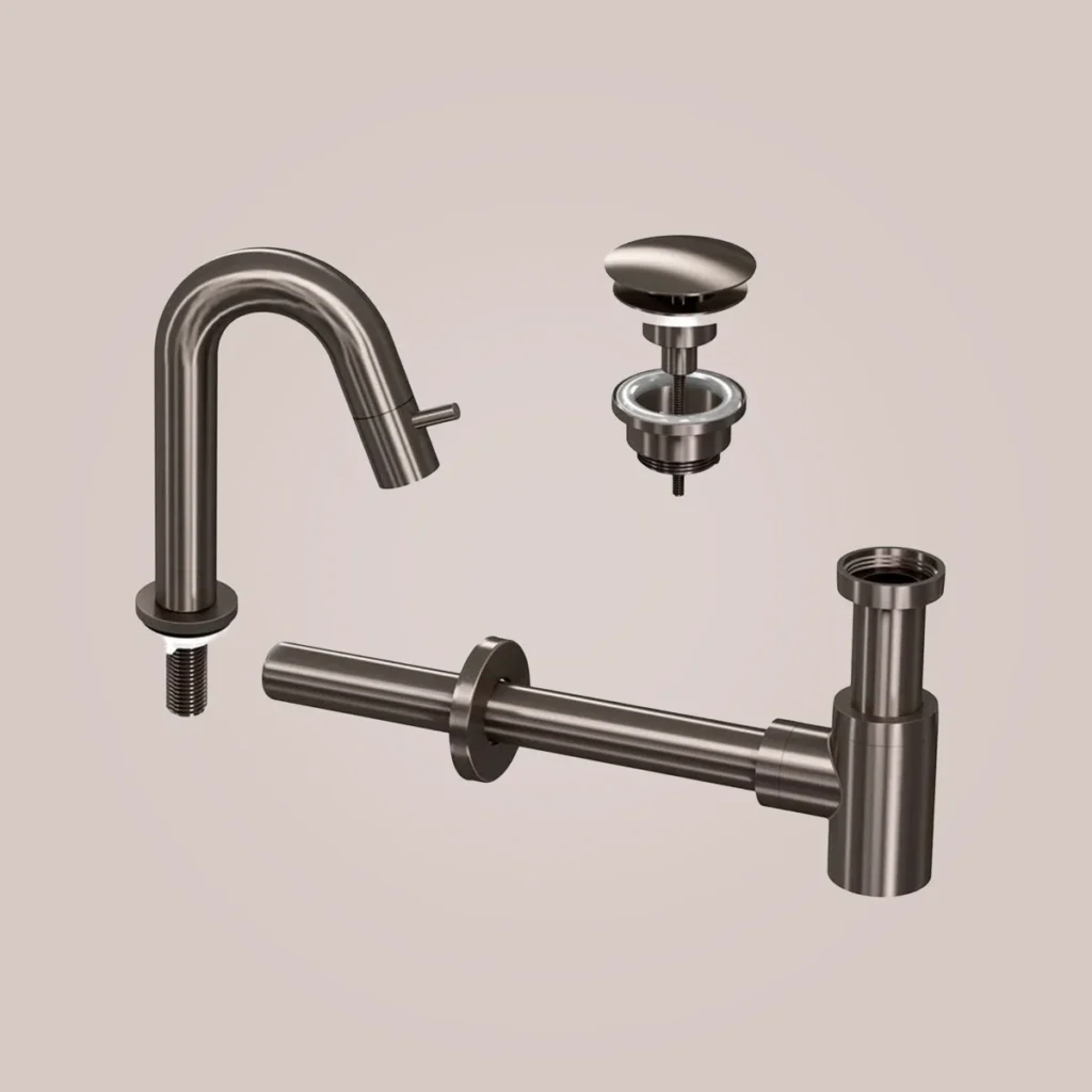 Ink Kranen Combiset 4A fonteinkraan staand gebogen laag met always open plug en sifon - zwart metaal