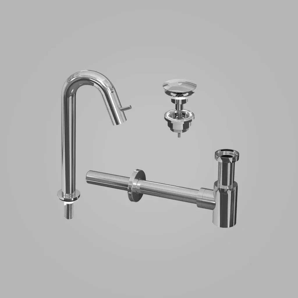 Ink Kranen Combiset 5A fonteinkraan staand gebogen hoog met always open plug en sifon - chroom