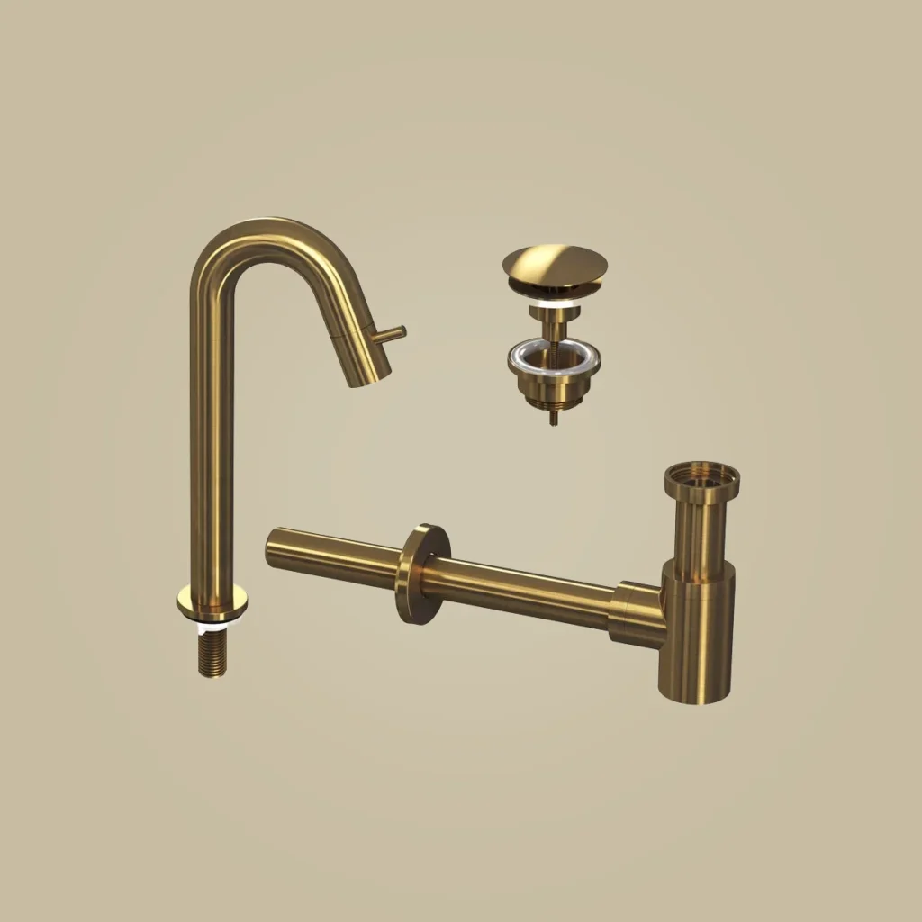 Ink Kranen Combiset 5A fonteinkraan staand gebogen hoog met always open plug en sifon - geborsteld mat goud