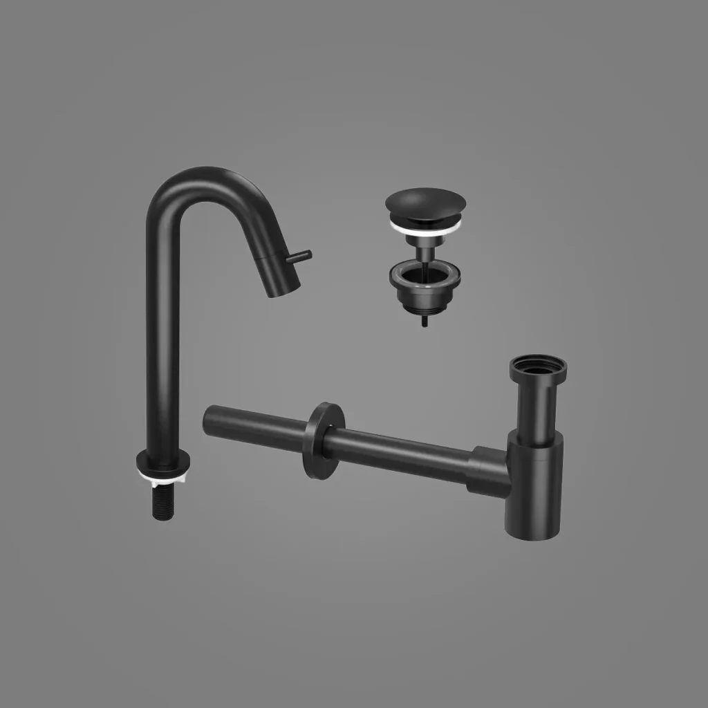 Ink Kranen Combiset 5A fonteinkraan staand gebogen hoog met always open plug en sifon - mat zwart