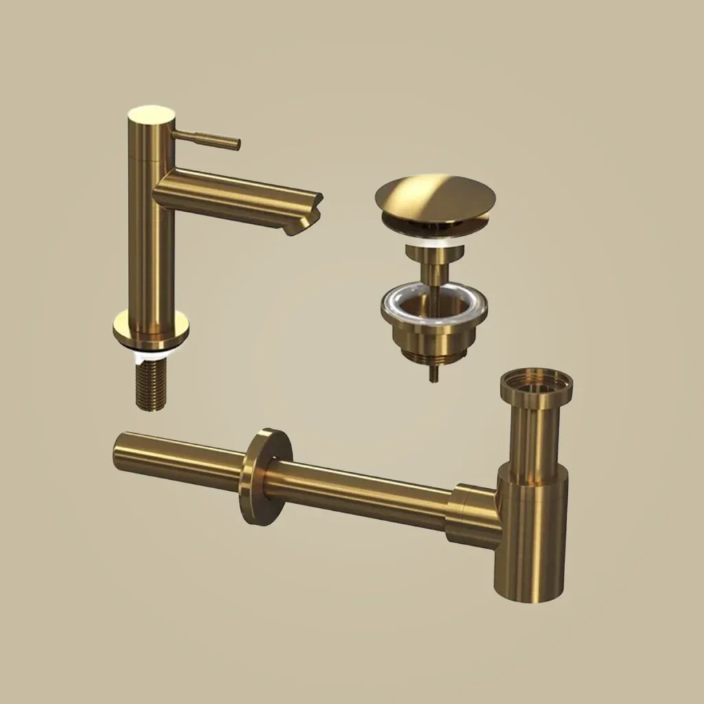 Ink combi set 1a fonteinkraan staand laag, always open plug en design sifon - geborsteld mat goud