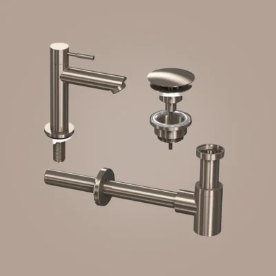 Ink combi set 1a fonteinkraan staand laag, always open plug en design sifon - geborsteld nikkel