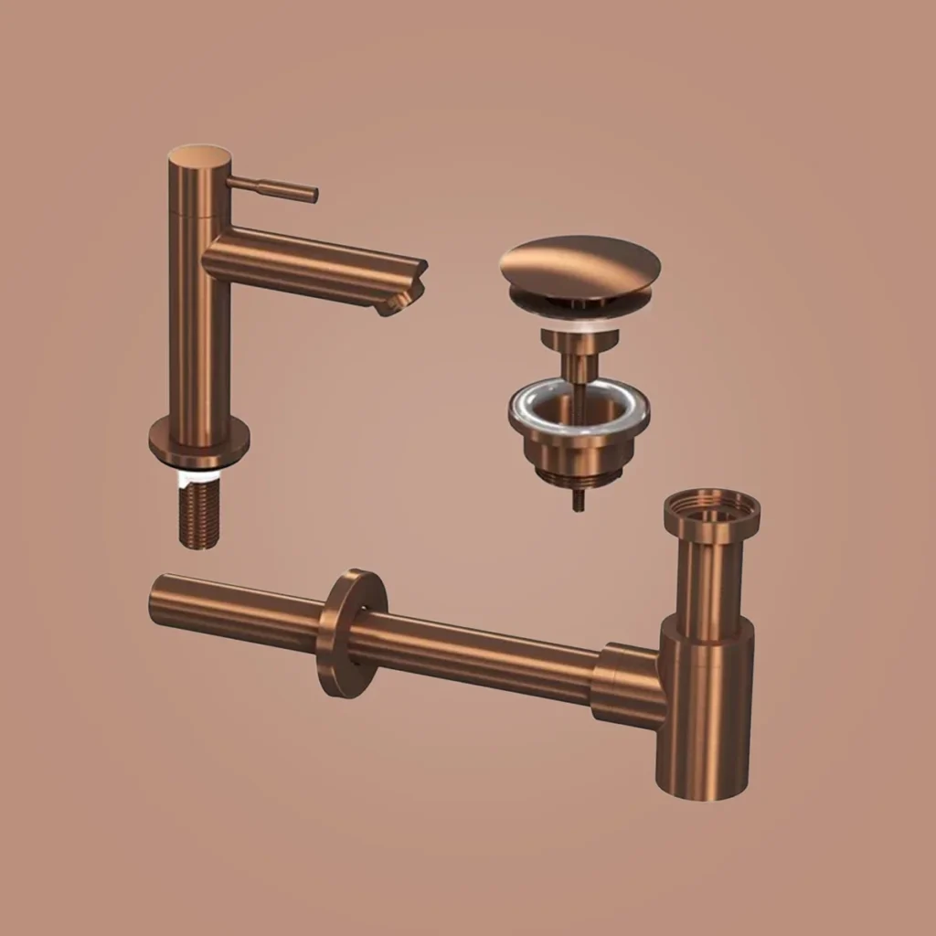 Ink combi set 1a fonteinkraan staand laag, always open plug en design sifon - mat rosé goud