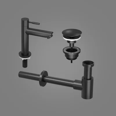 Ink combi set 1a fonteinkraan staand laag, always open plug en design sifon - mat zwart