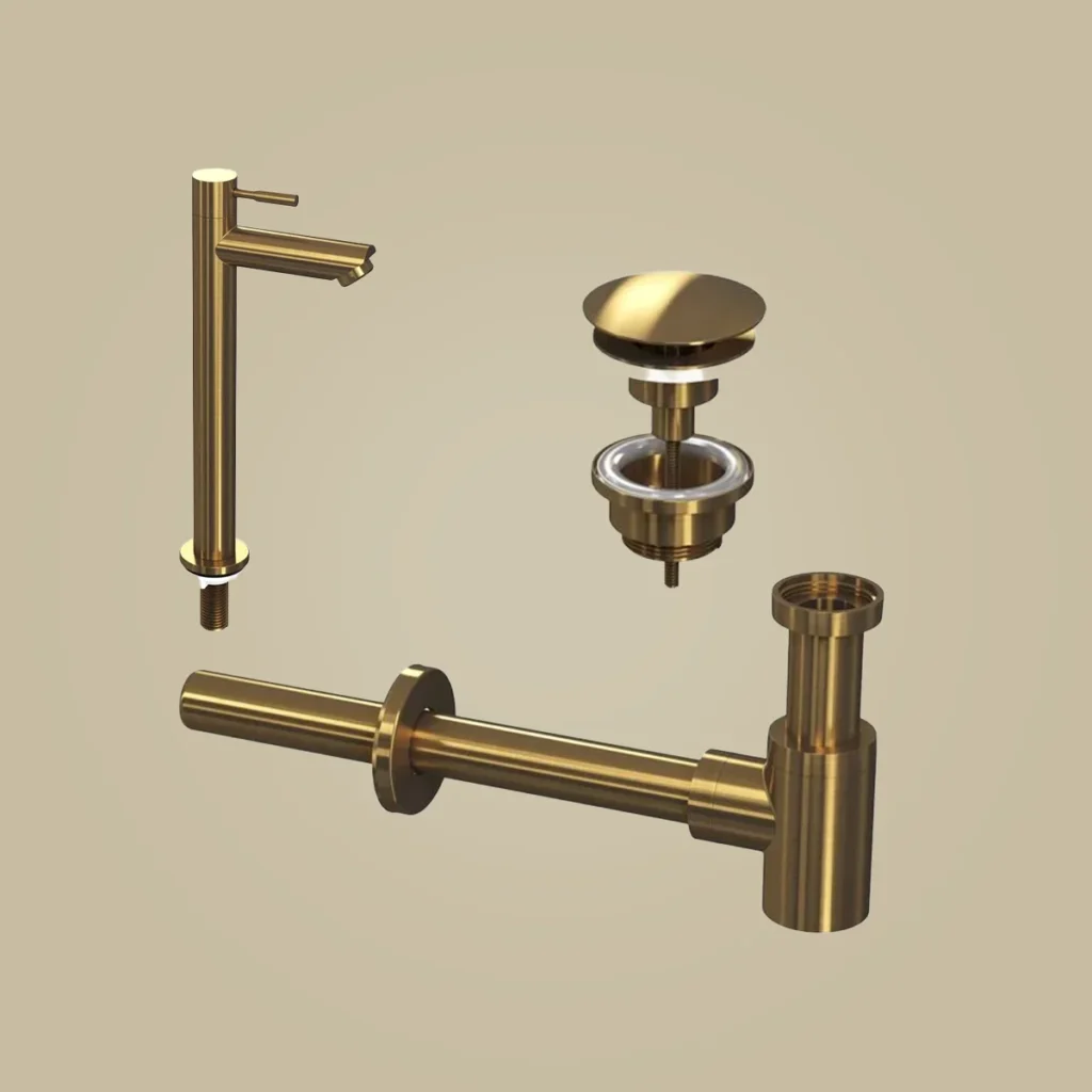 Ink combi set 2a fonteinkraan staand hoog, always open plug en design sifon - geborsteld mat goud