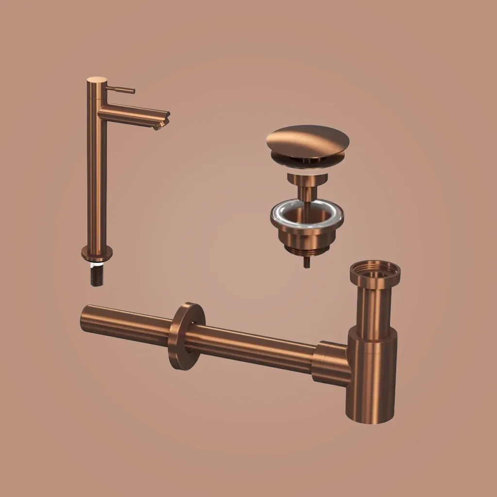 Ink combi set 2a fonteinkraan staand hoog, always open plug en design sifon - mat rosé goud